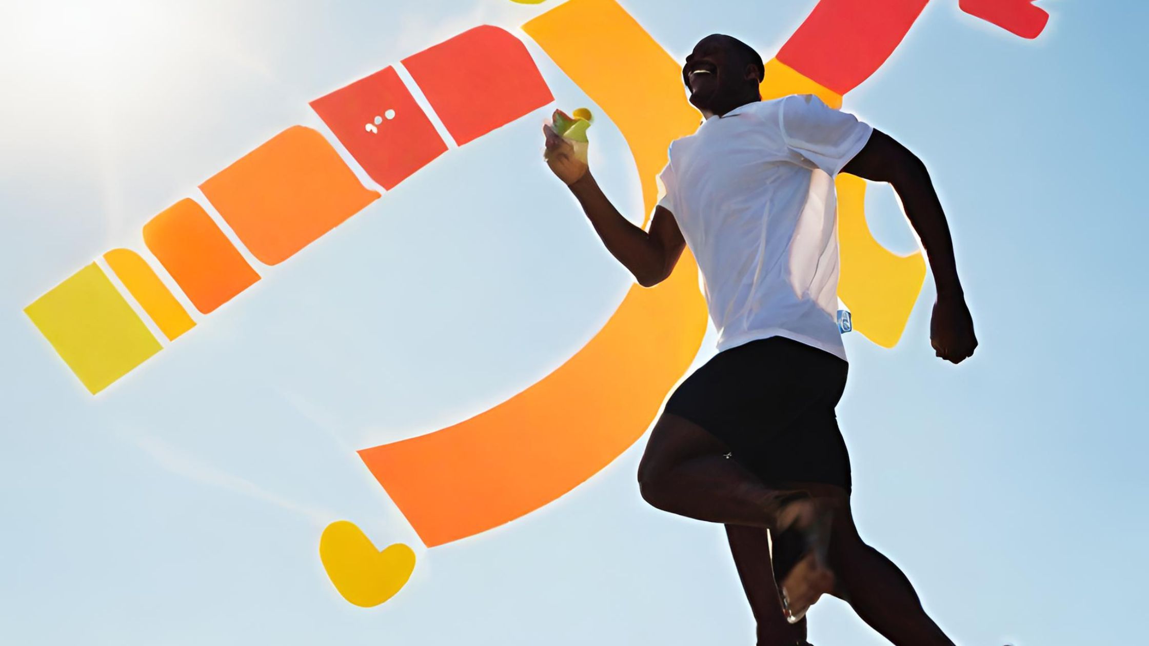 Ilustracja przedstawiająca radosnego biegacza na tle nieba. Symbol 'M' z magnesem symbolizuje harmonię metabolizmu, zdrowego jedzenia i aktywności fizycznej