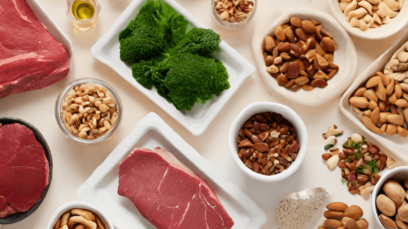 Różnorodność źródeł żelaza: Zdjęcie przedstawiające różnorodne produkty spożywcze bogate w żelazo, takie jak czerwone mięso, warzywa liściaste, orzechy i nasiona.