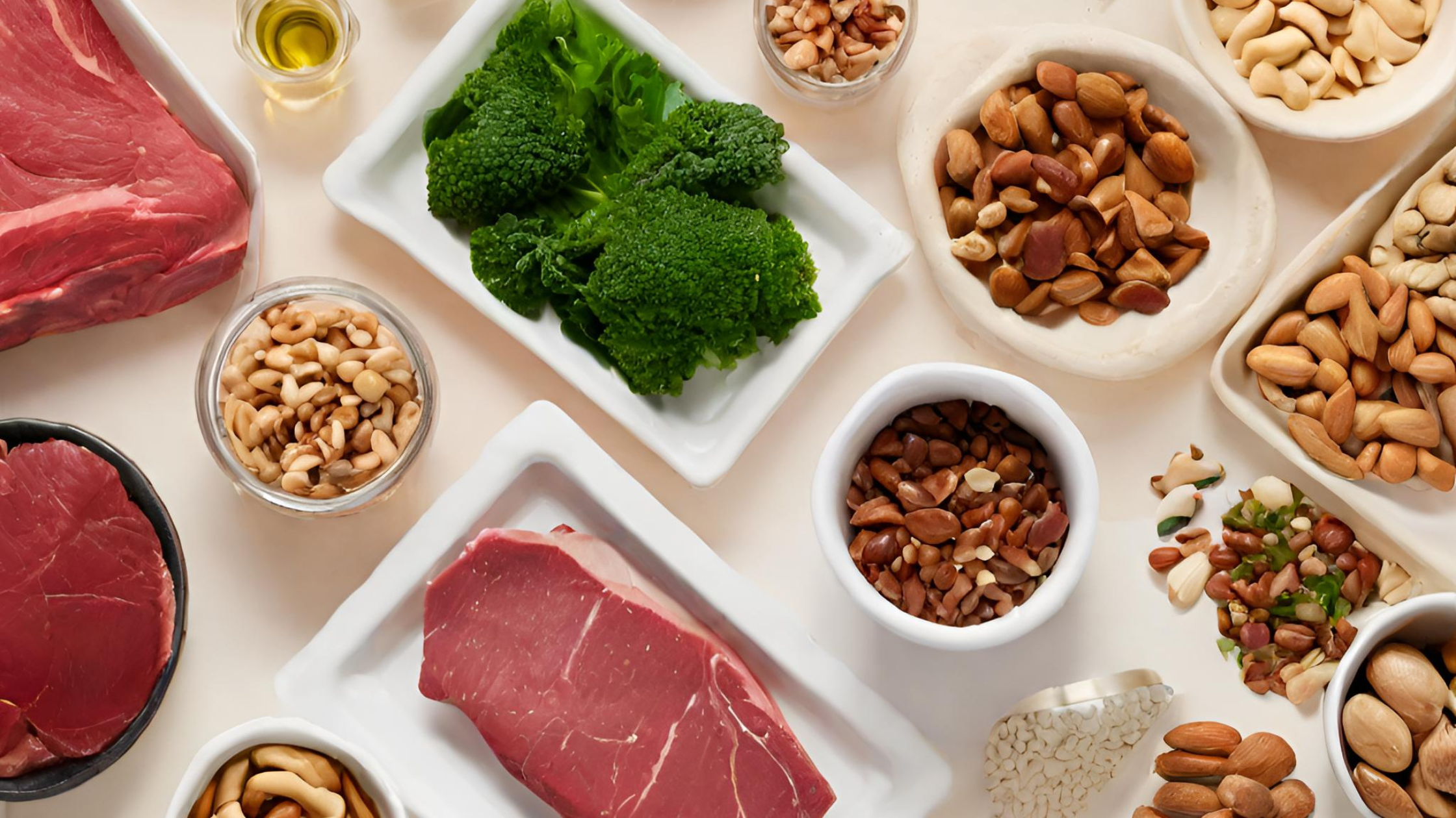 Różnorodność źródeł żelaza: Zdjęcie przedstawiające różnorodne produkty spożywcze bogate w żelazo, takie jak czerwone mięso, warzywa liściaste, orzechy i nasiona.