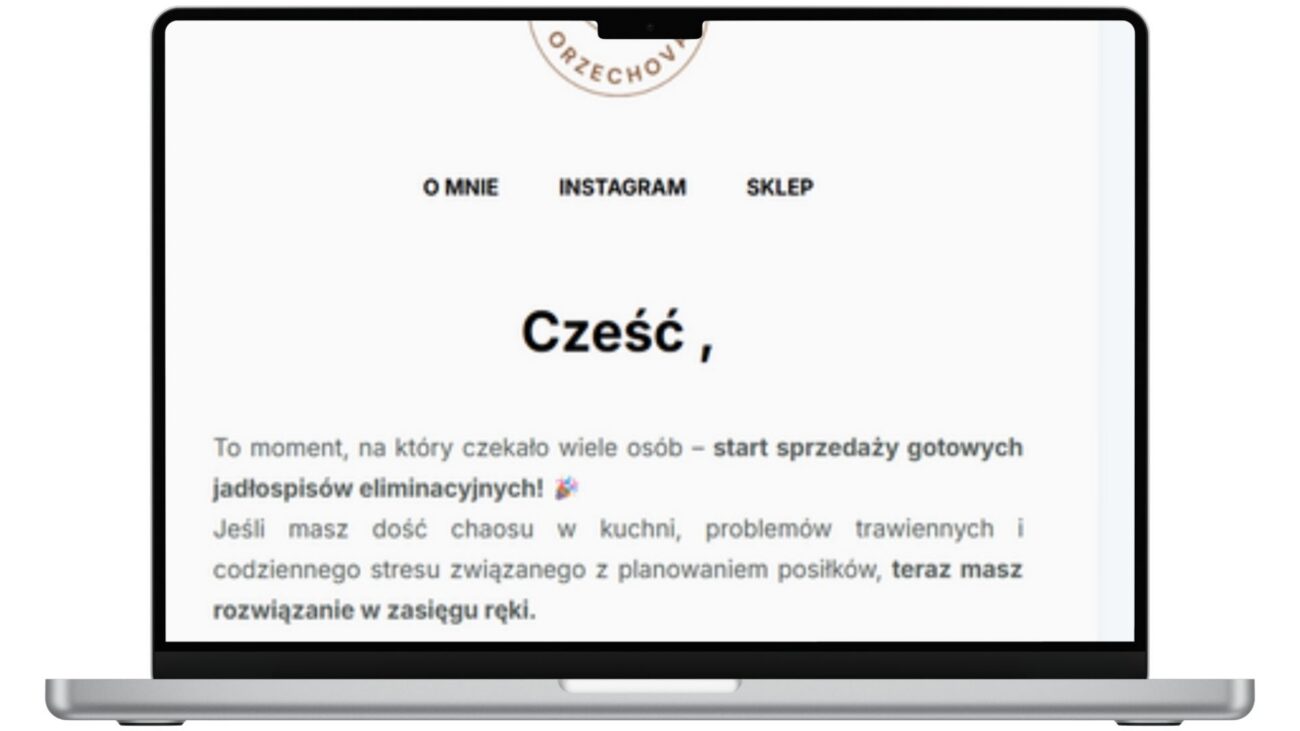 Zrzut ekranu ze strony sprzedażowej promującej gotowe jadłospisy eliminacyjne. Widoczny nagłówek „Cześć” oraz fragment tekstu powitalnego.