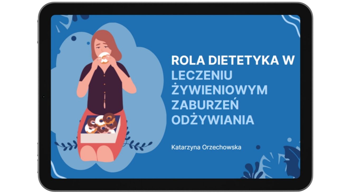 Slajd tytułowy prezentacji "Rola dietetyka w leczeniu żywieniowym zaburzeń odżywiania" z ilustracją kobiety jedzącej pączka.
